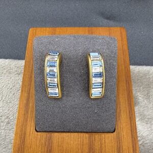 Vintage Swarovski Hoop Earrings Gold Tone Blue Rhinestone Signed SAL READ